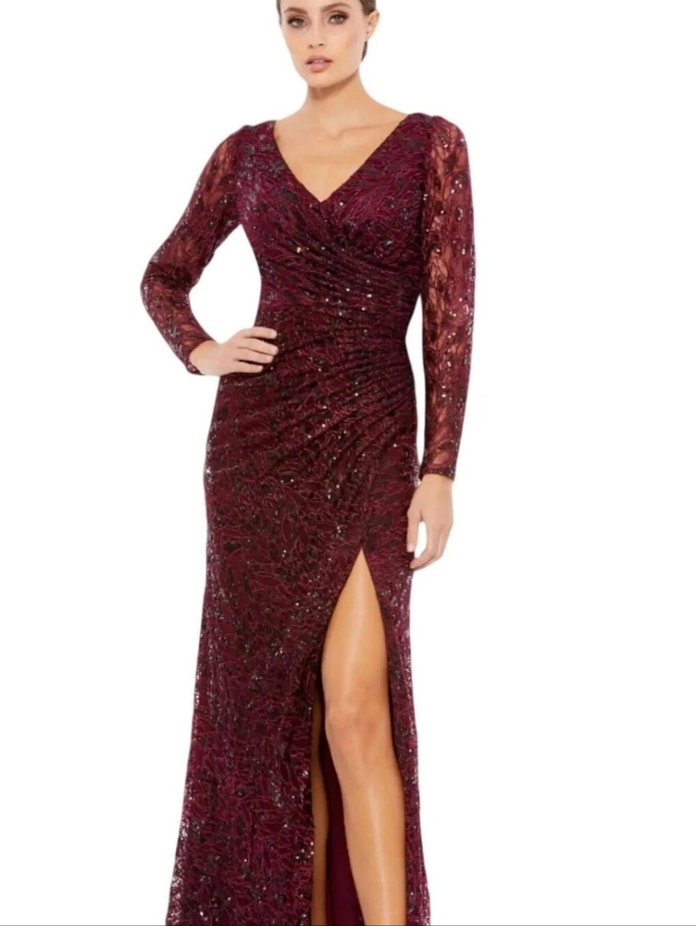 MAC DUGGALL. Long Sleeved Ruched Sequined V Neck Gown.   Burgundy Garnet